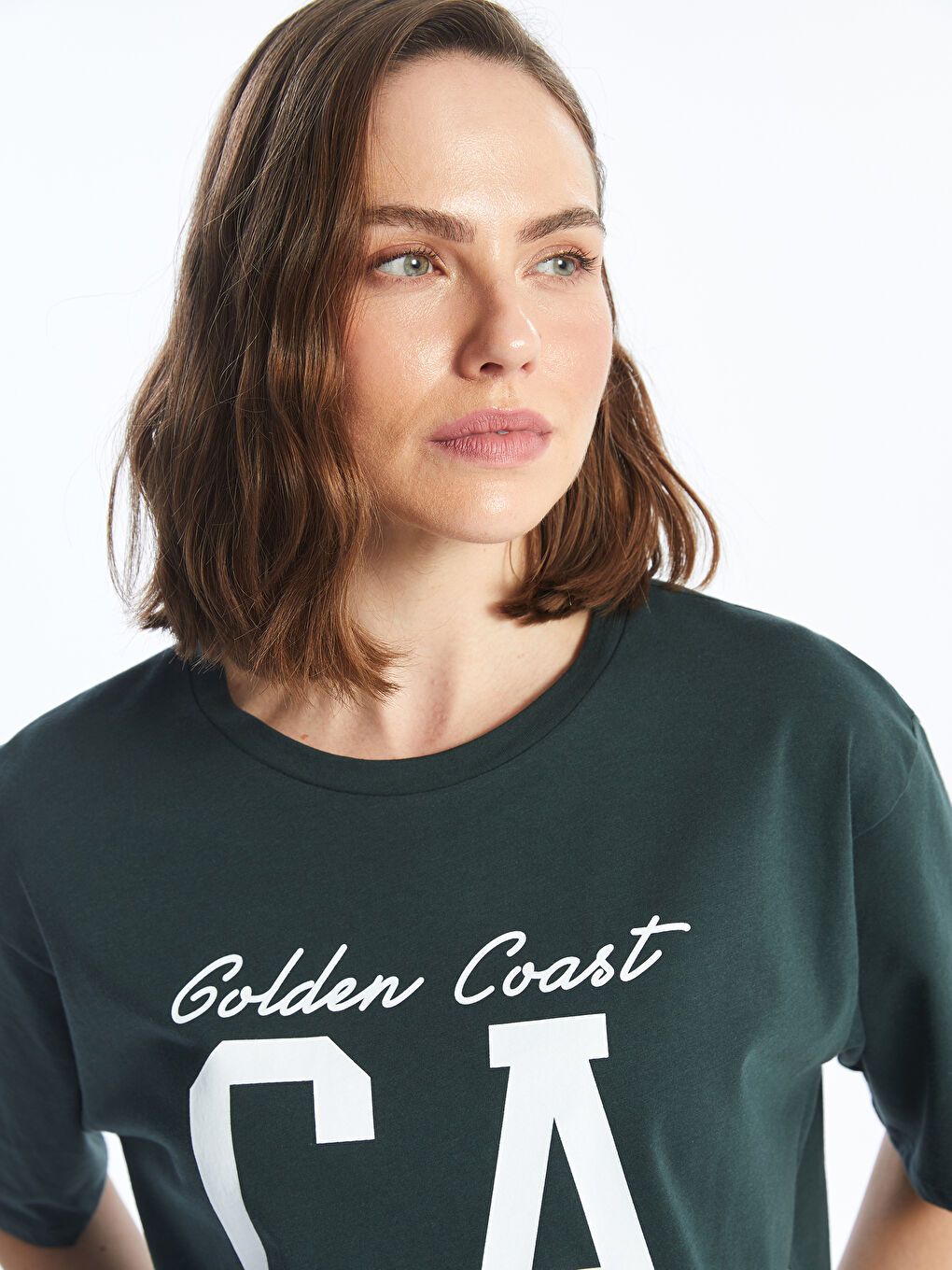 Yeşil Bisiklet Yaka Baskılı Kısa Kollu Oversize Kadın Tişört-2