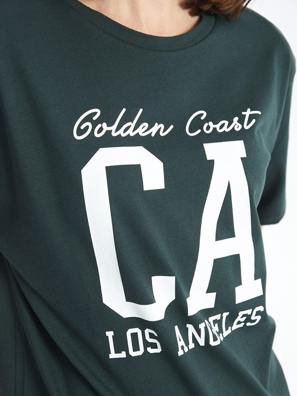 Yeşil Bisiklet Yaka Baskılı Kısa Kollu Oversize Kadın Tişört-3