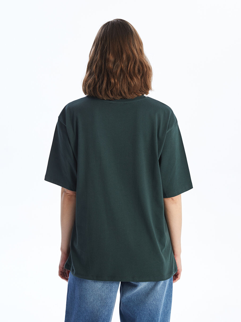 Yeşil Bisiklet Yaka Baskılı Kısa Kollu Oversize Kadın Tişört-4