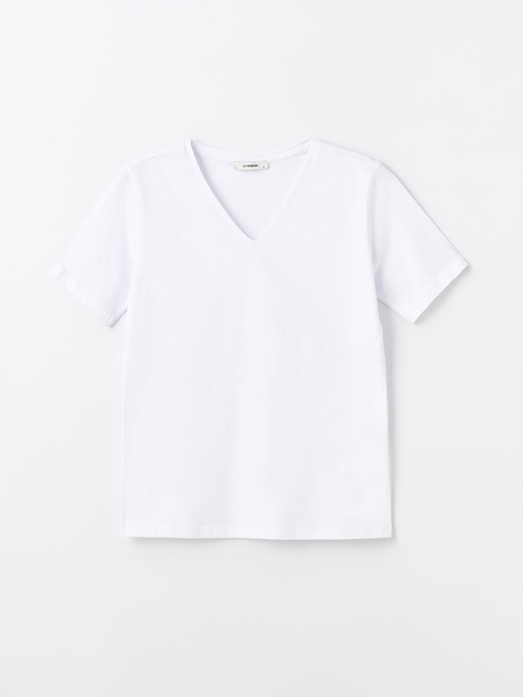 Beyaz V Yaka Düz Kısa Kollu Kadın Tişört-5