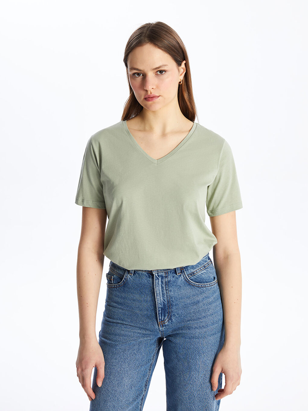 Yeşil V Yaka Düz Kısa Kollu Kadın Tişört