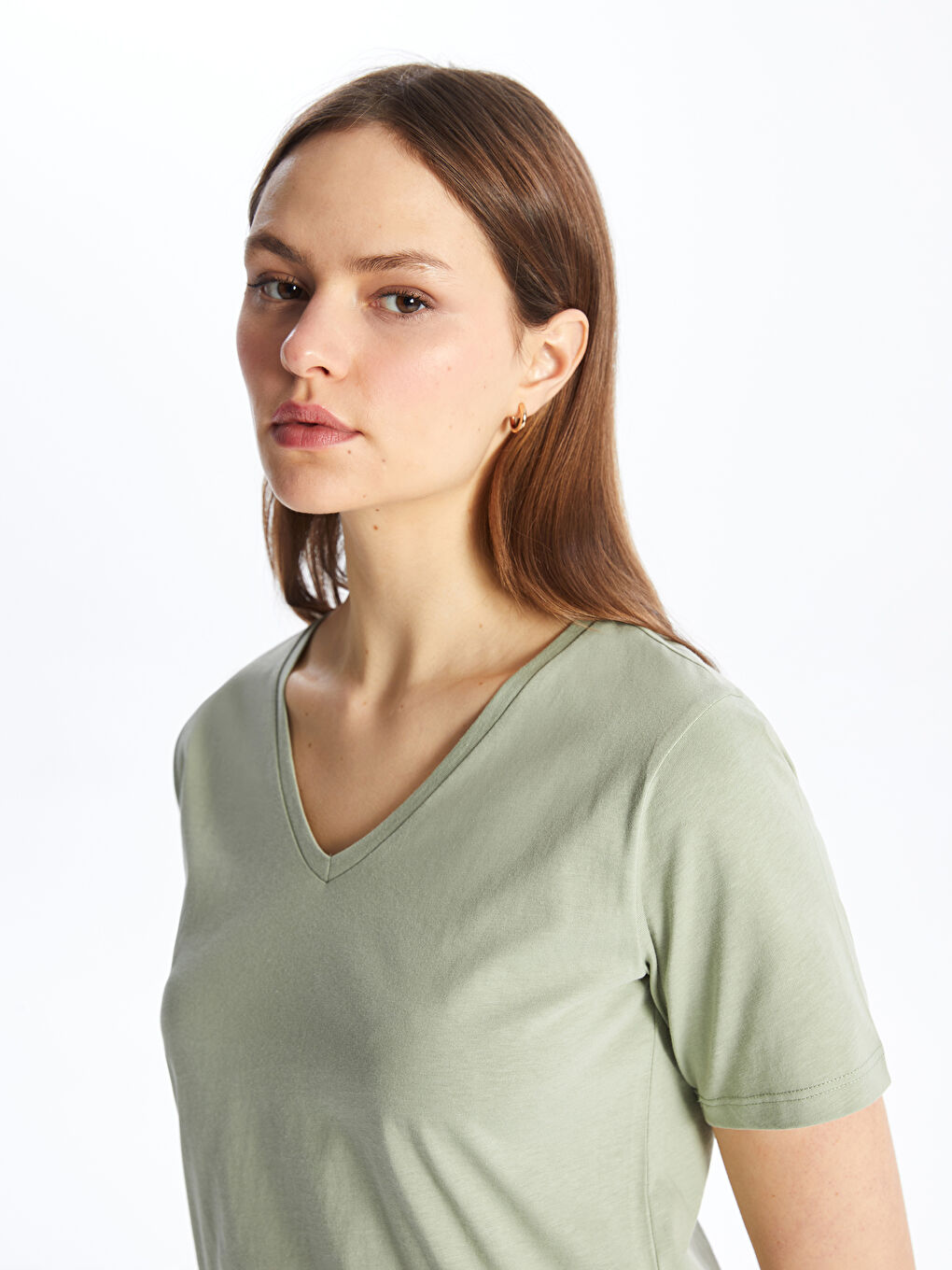 Yeşil V Yaka Düz Kısa Kollu Kadın Tişört-2