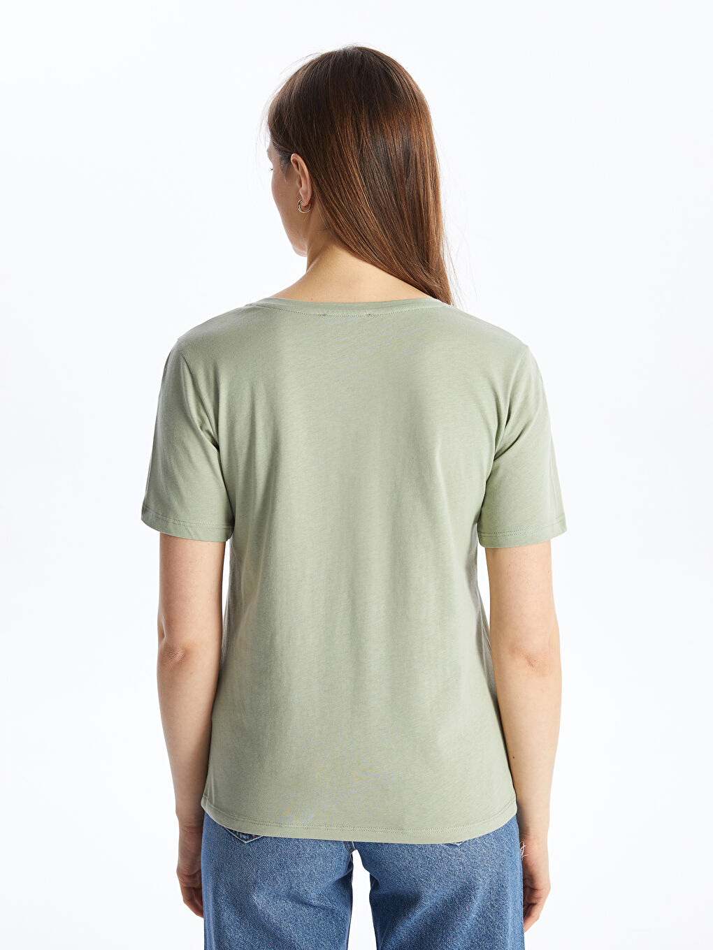 Yeşil V Yaka Düz Kısa Kollu Kadın Tişört-4
