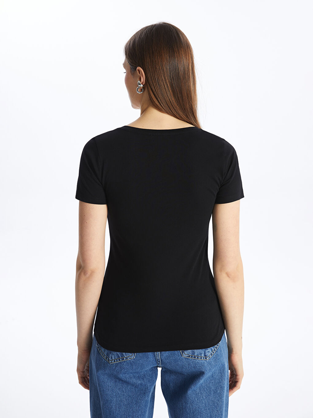 Siyah V Yaka Düz Kısa Kollu Kadın Tişört-4