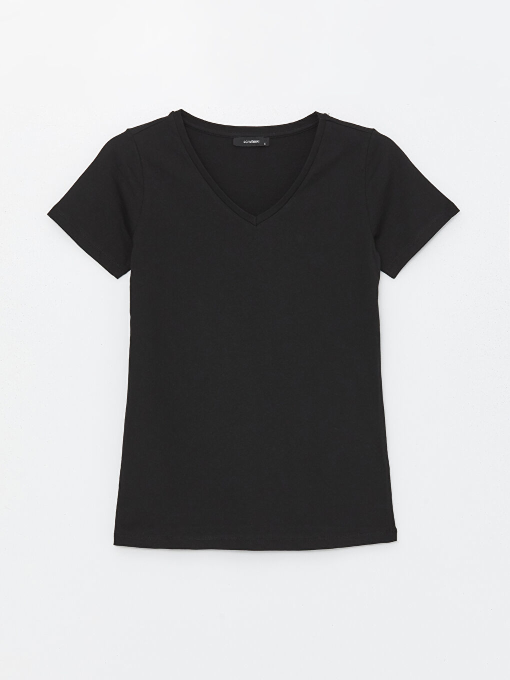 Siyah V Yaka Düz Kısa Kollu Kadın Tişört-5