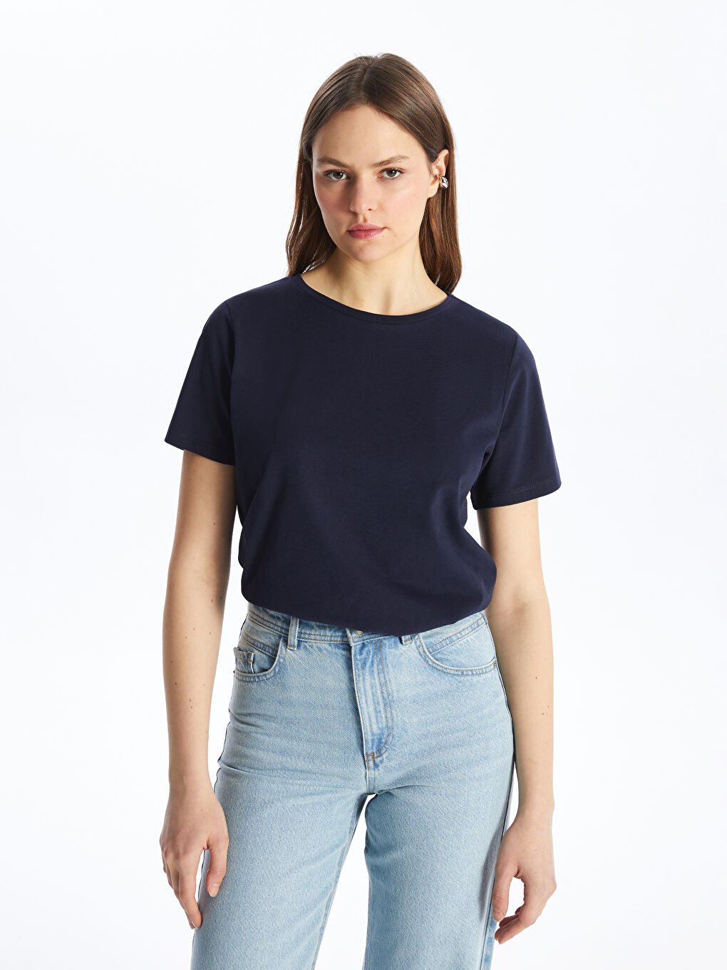 Lacivert Bisiklet Yaka Düz Kısa Kollu Kadın Tişört