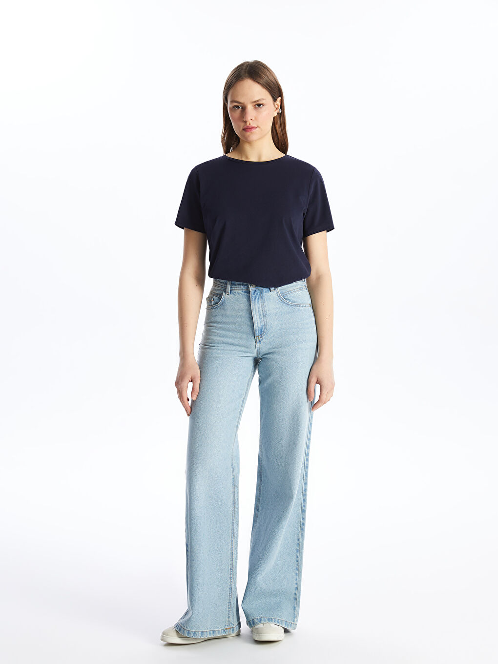 Lacivert Bisiklet Yaka Düz Kısa Kollu Kadın Tişört-1