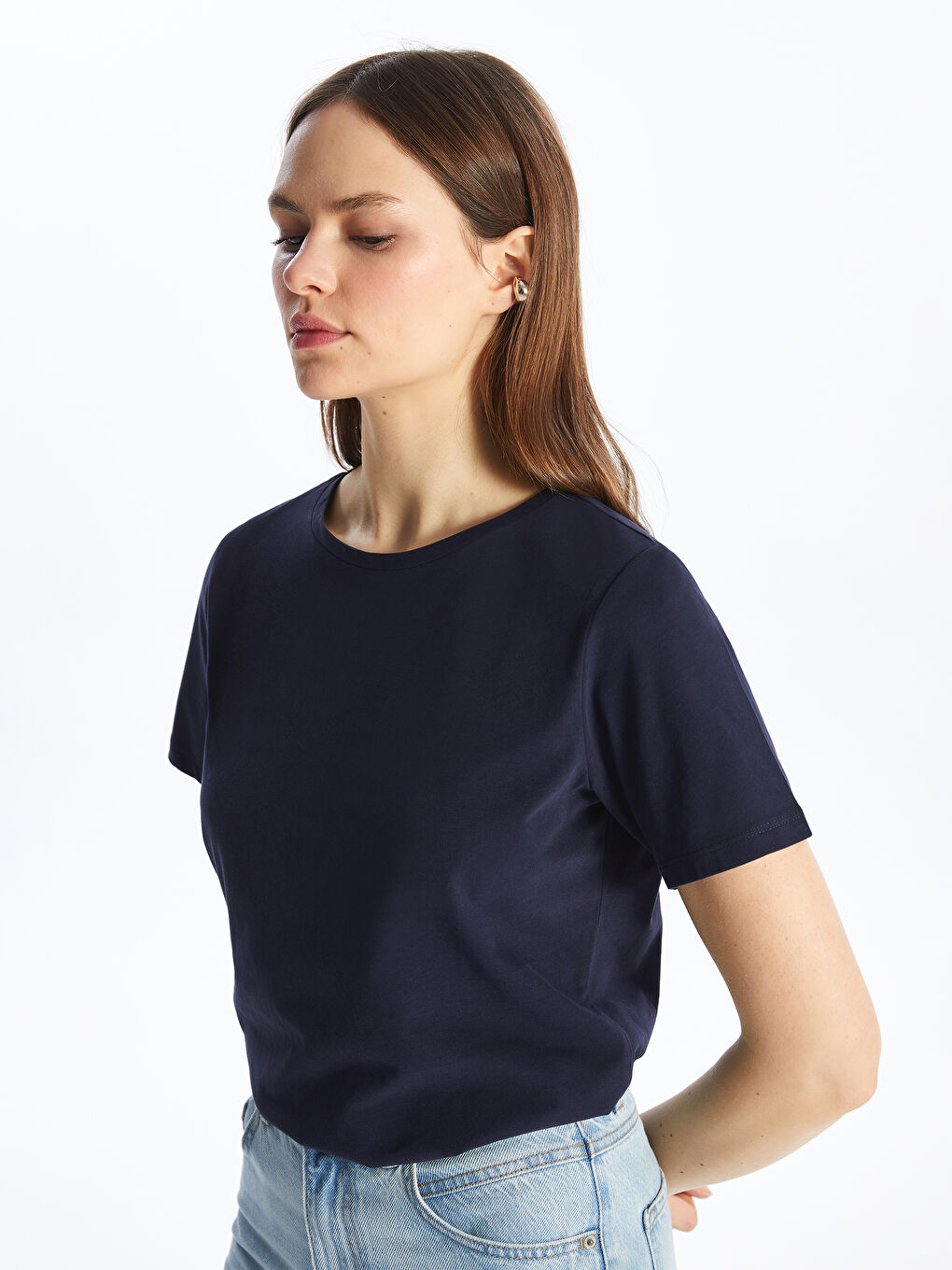 Lacivert Bisiklet Yaka Düz Kısa Kollu Kadın Tişört-2