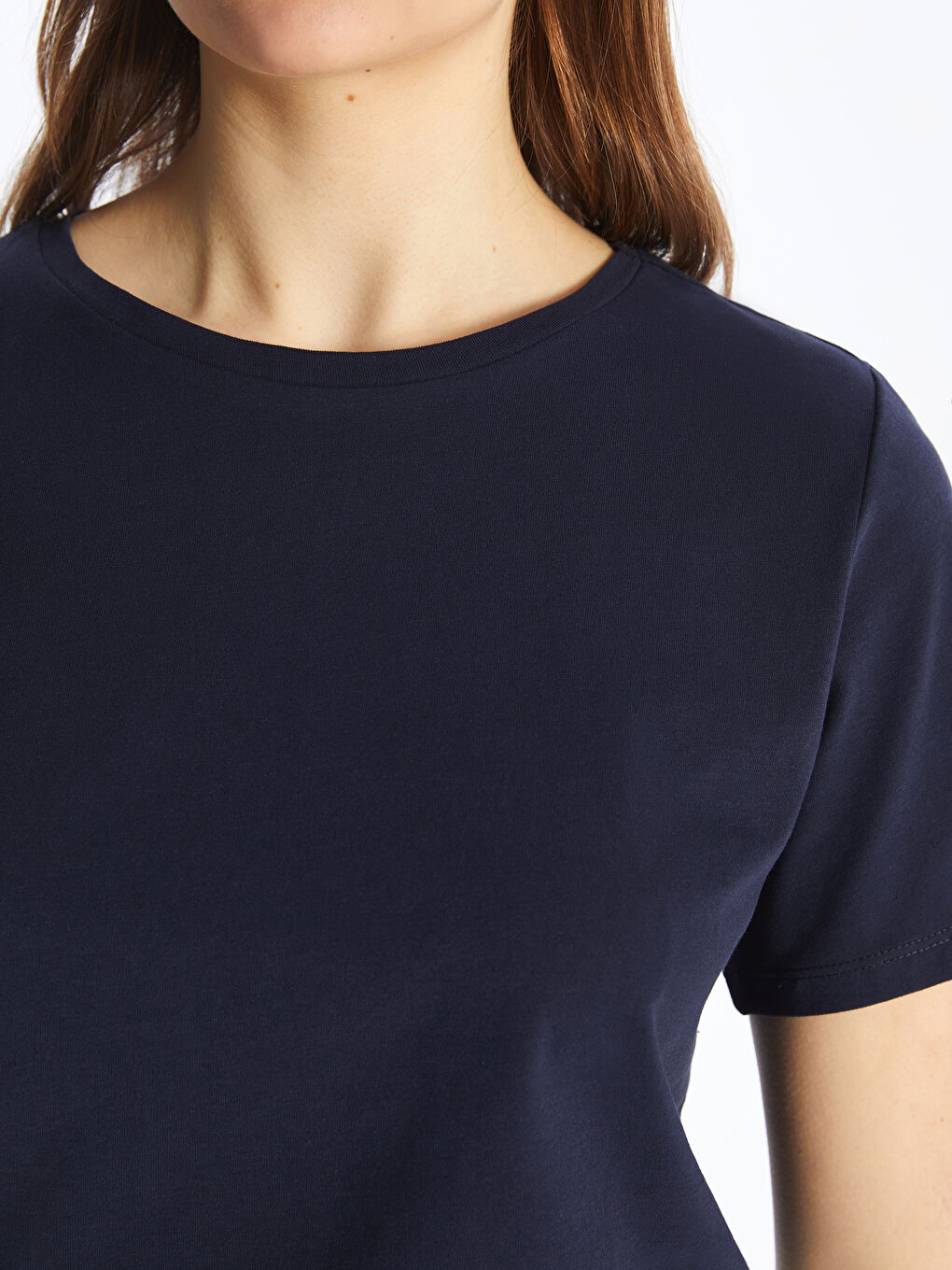 Lacivert Bisiklet Yaka Düz Kısa Kollu Kadın Tişört-3