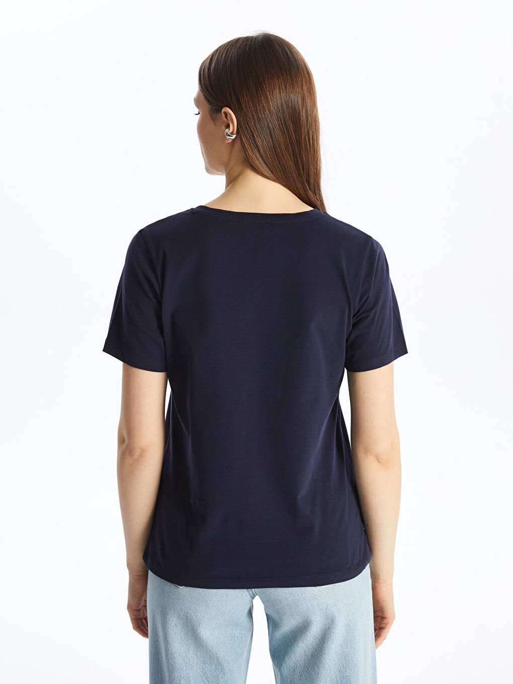Lacivert Bisiklet Yaka Düz Kısa Kollu Kadın Tişört-4