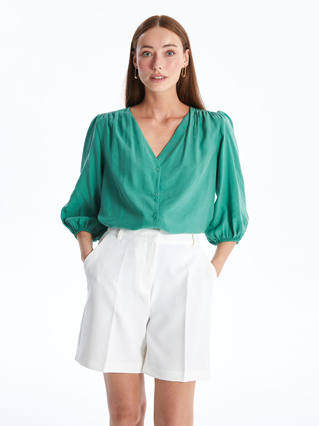 V Neck Straight Women Blouse -S4JS42Z8-VK8