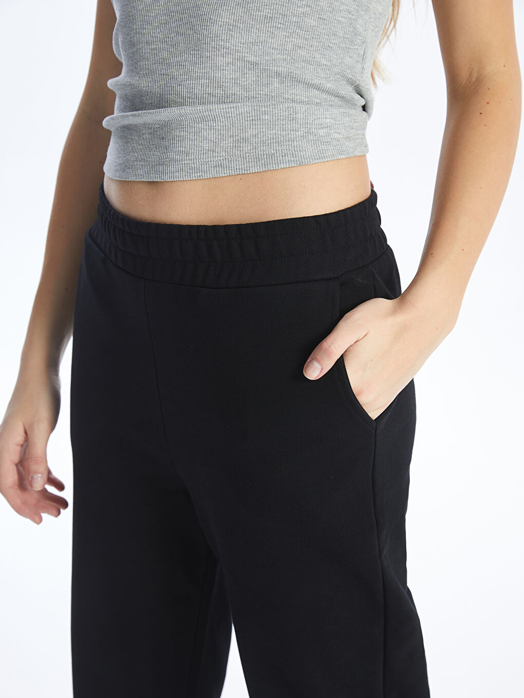 Siyah Kadın Beli Lastikli Düz Eşofman Altı-6