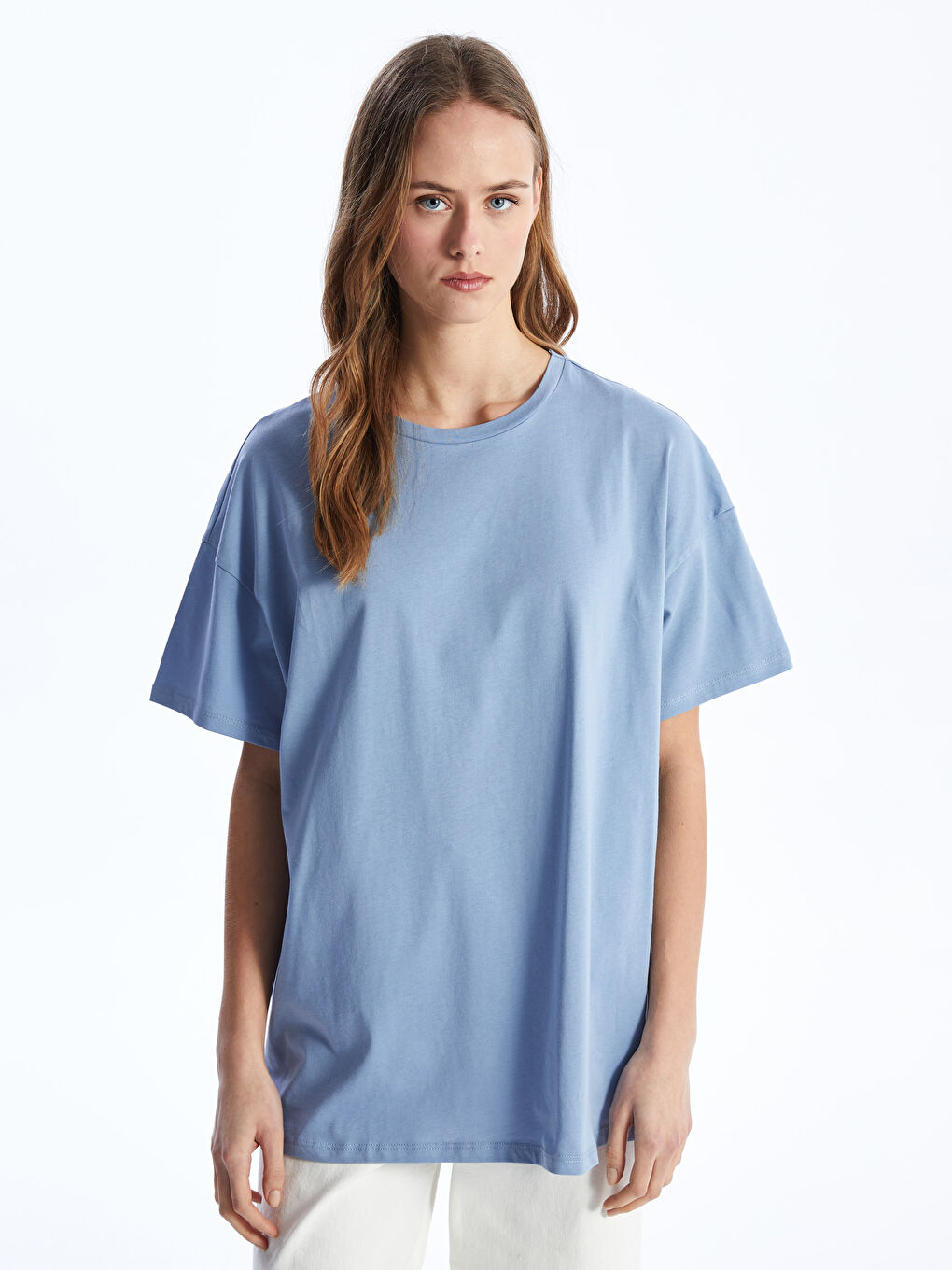 Mavi Bisiklet Yaka Düz Kısa Kollu Oversize Kadın Tişört-1