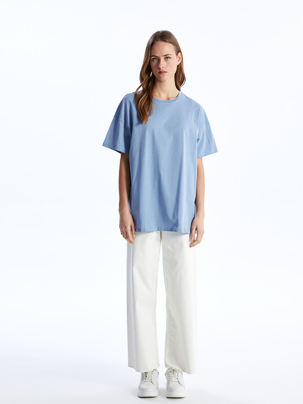 Mavi Bisiklet Yaka Düz Kısa Kollu Oversize Kadın Tişört-2