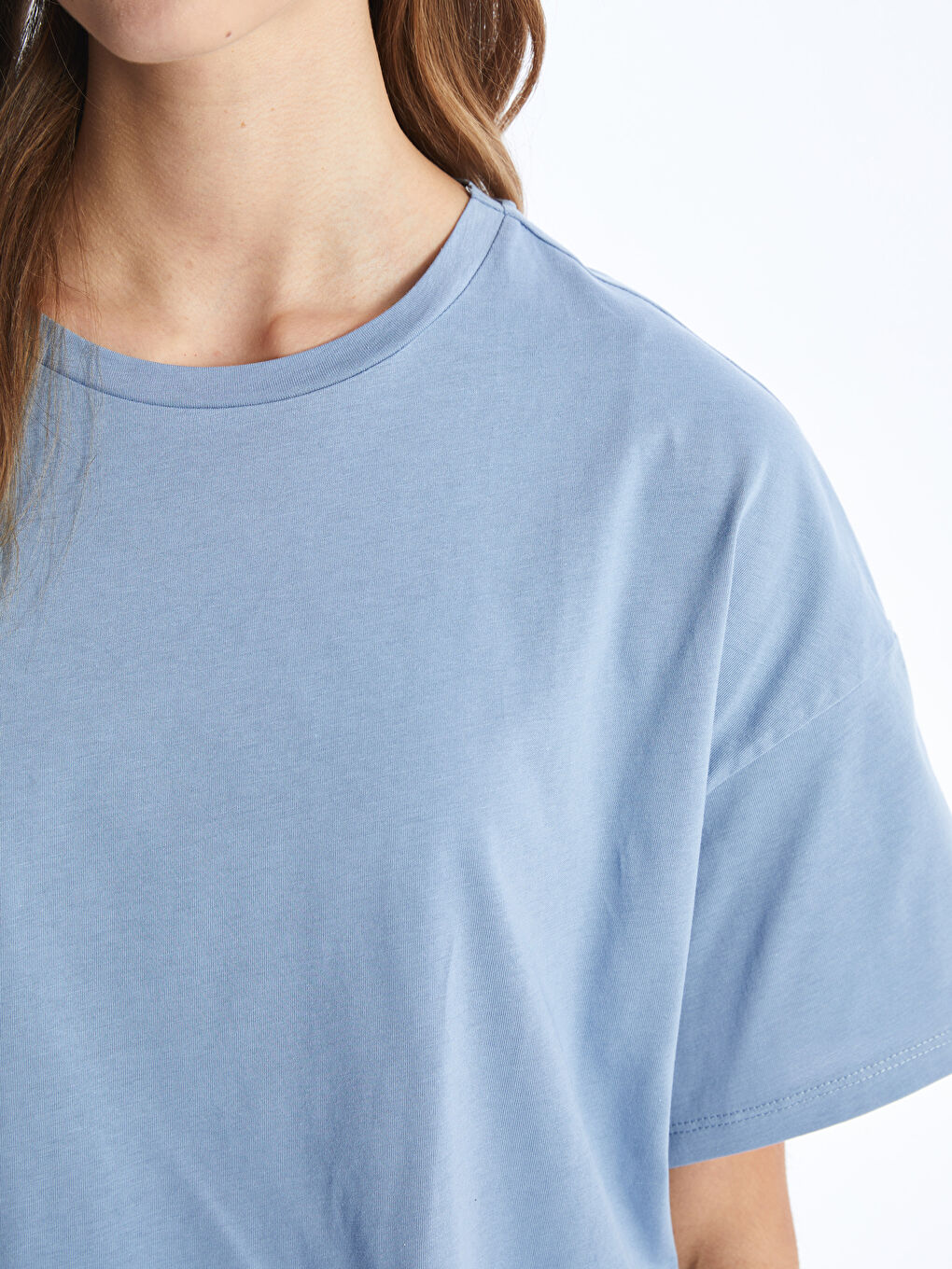 Mavi Bisiklet Yaka Düz Kısa Kollu Oversize Kadın Tişört-3