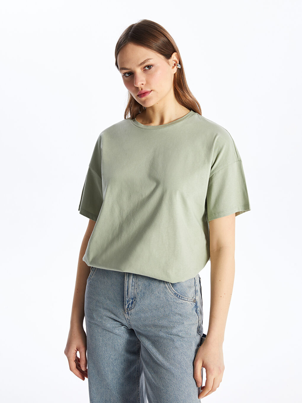 Yeşil Bisiklet Yaka Düz Kısa Kollu Oversize Kadın Tişört-1