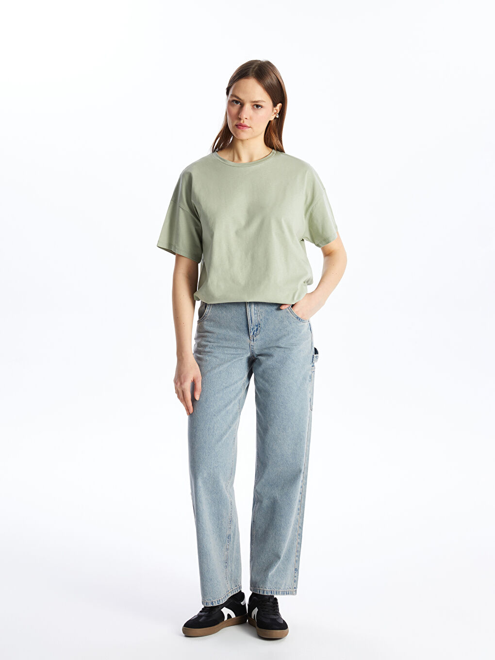 Yeşil Bisiklet Yaka Düz Kısa Kollu Oversize Kadın Tişört-2