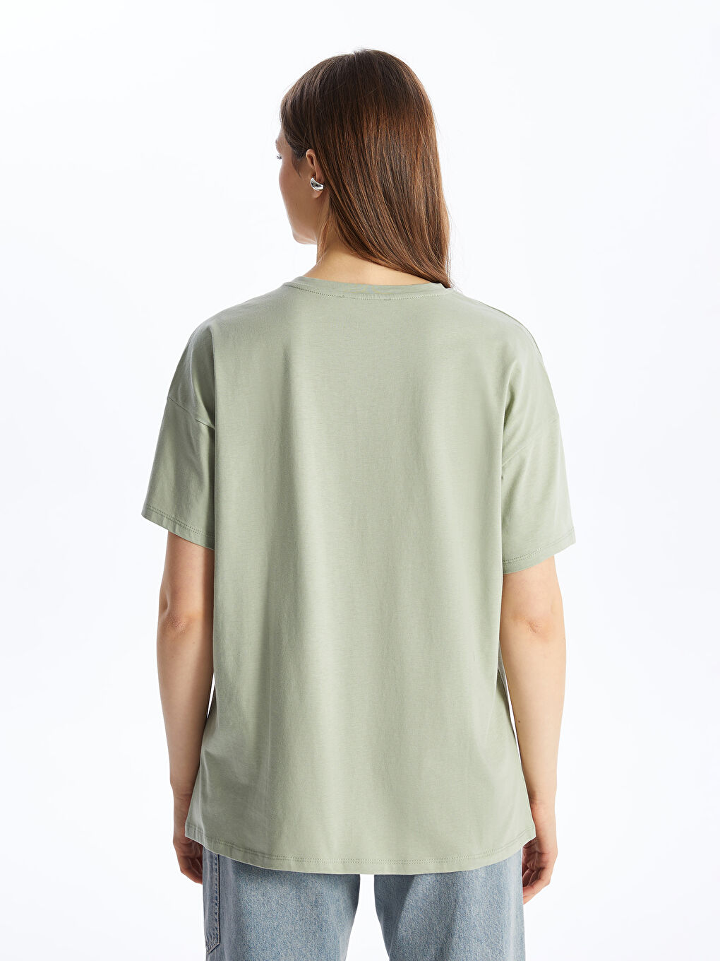 Yeşil Bisiklet Yaka Düz Kısa Kollu Oversize Kadın Tişört-4