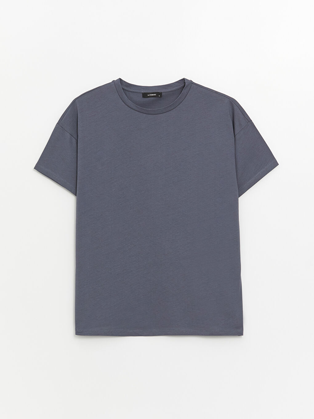 Gri Bisiklet Yaka Düz Kısa Kollu Oversize Kadın Tişört-5