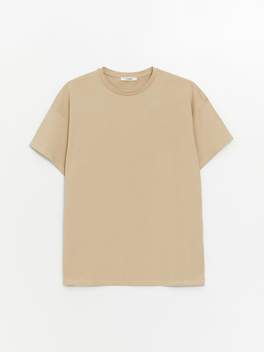 Bej Bisiklet Yaka Düz Kısa Kollu Oversize Kadın Tişört-5