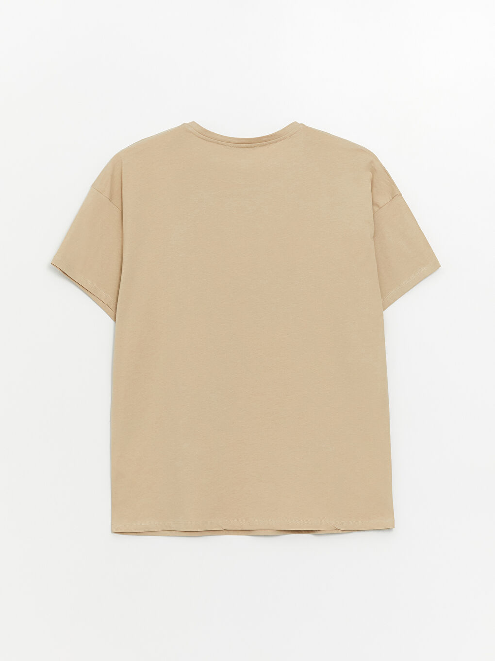 Bej Bisiklet Yaka Düz Kısa Kollu Oversize Kadın Tişört-6