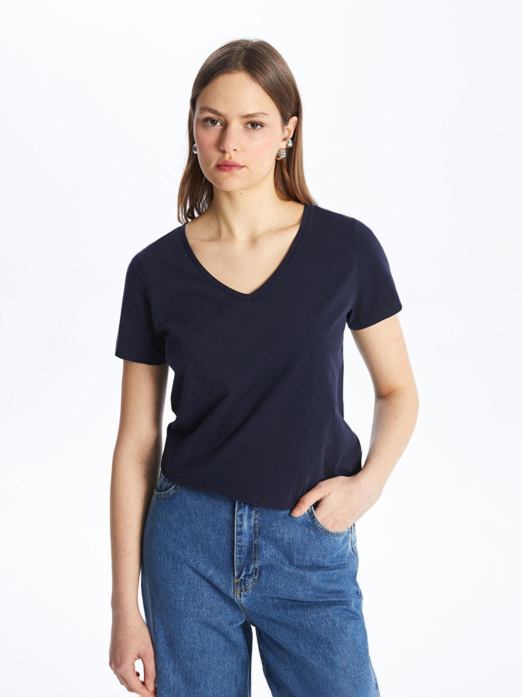 Lacivert V Yaka Düz Kısa Kollu Kadın Tişört