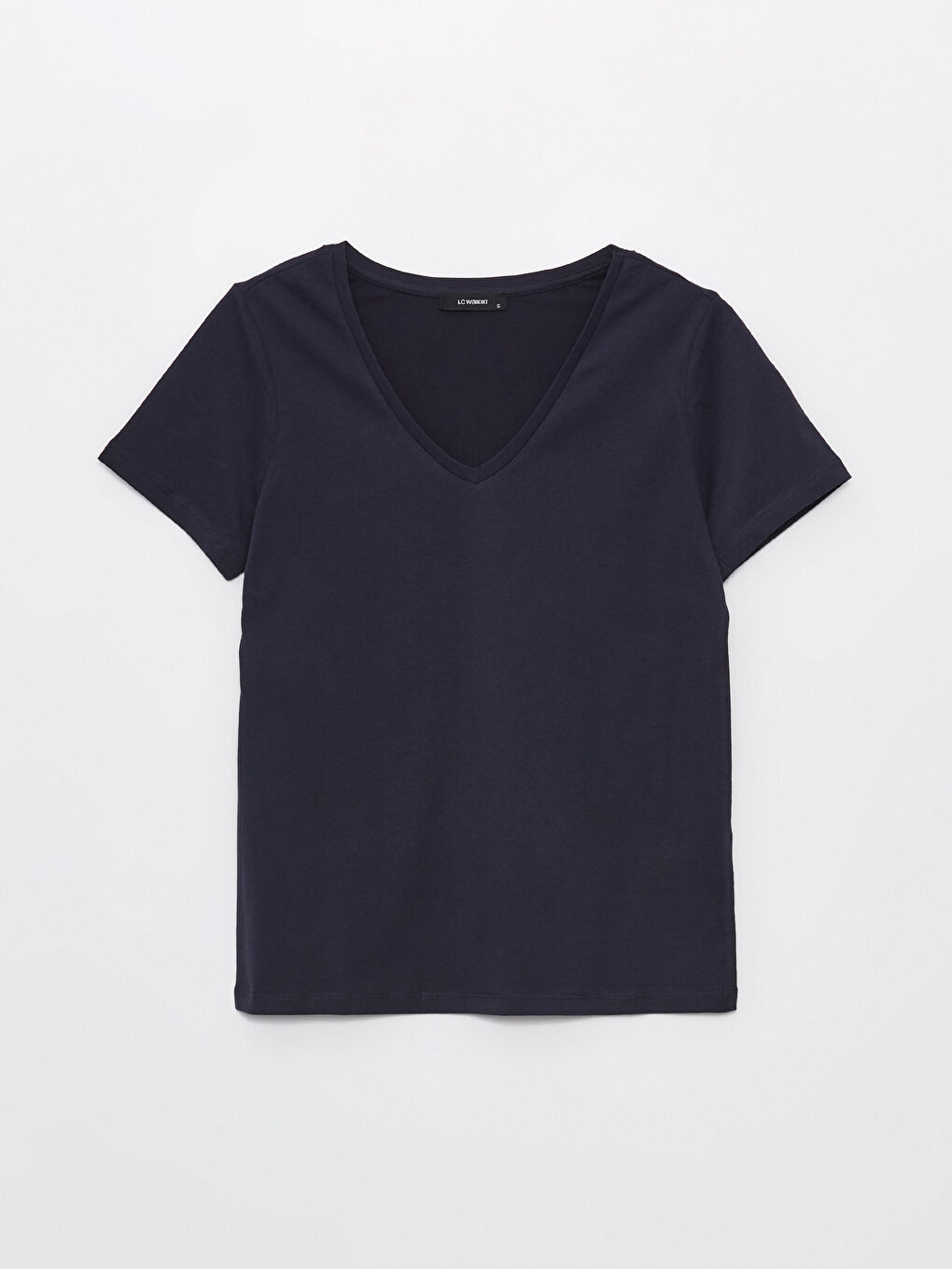 Lacivert V Yaka Düz Kısa Kollu Kadın Tişört-5