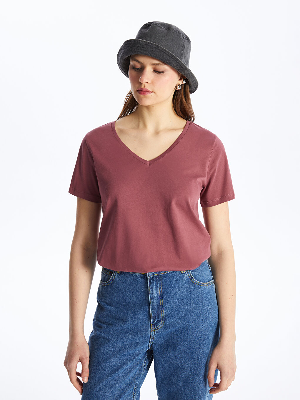 Pembe V Yaka Düz Kısa Kollu Kadın Tişört