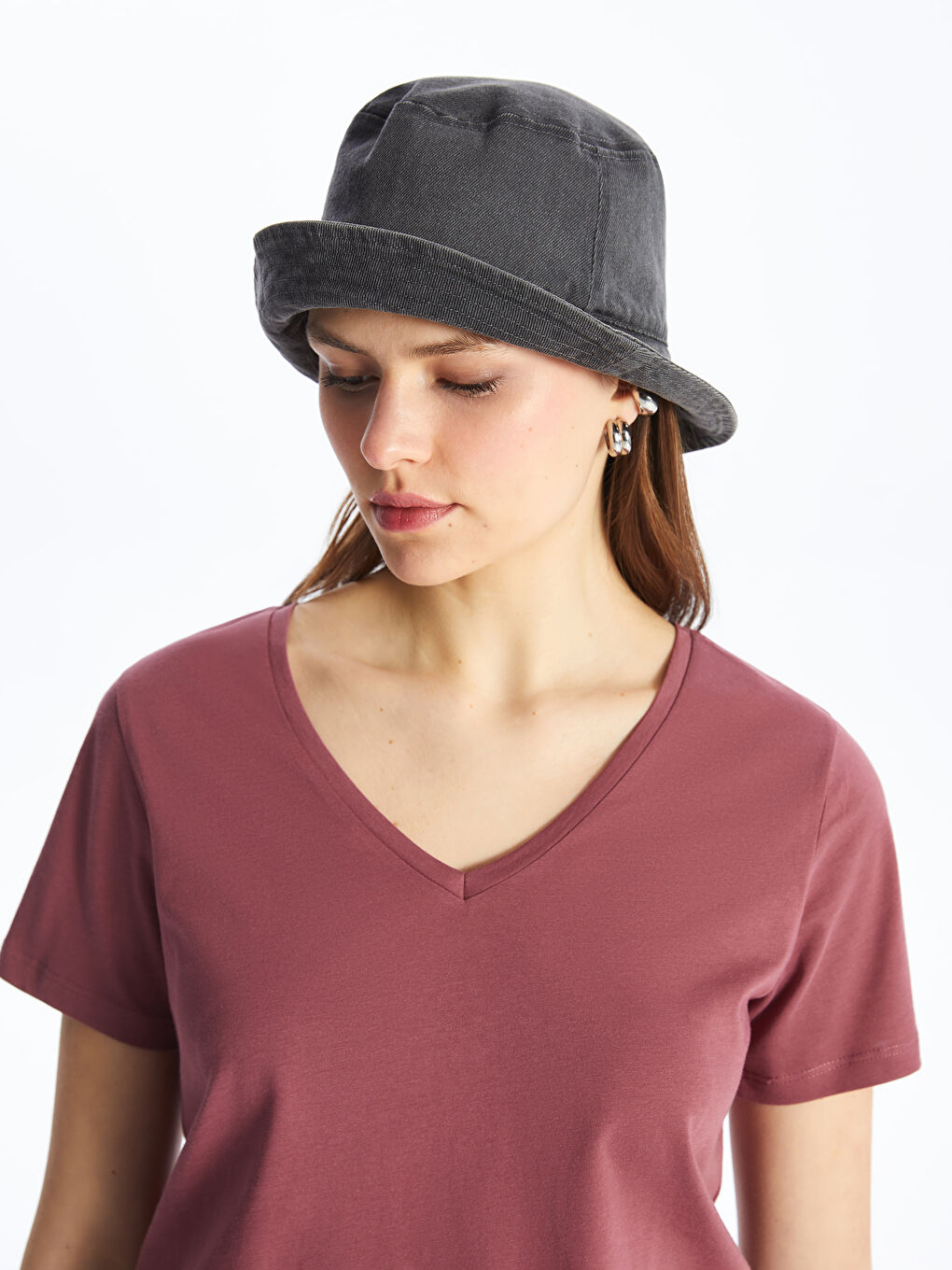 Pembe V Yaka Düz Kısa Kollu Kadın Tişört-2