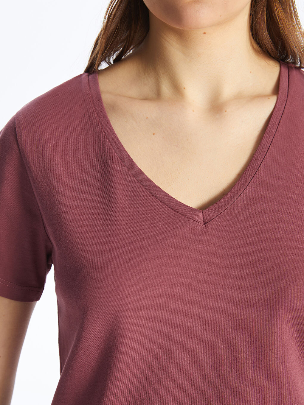 Pembe V Yaka Düz Kısa Kollu Kadın Tişört-3