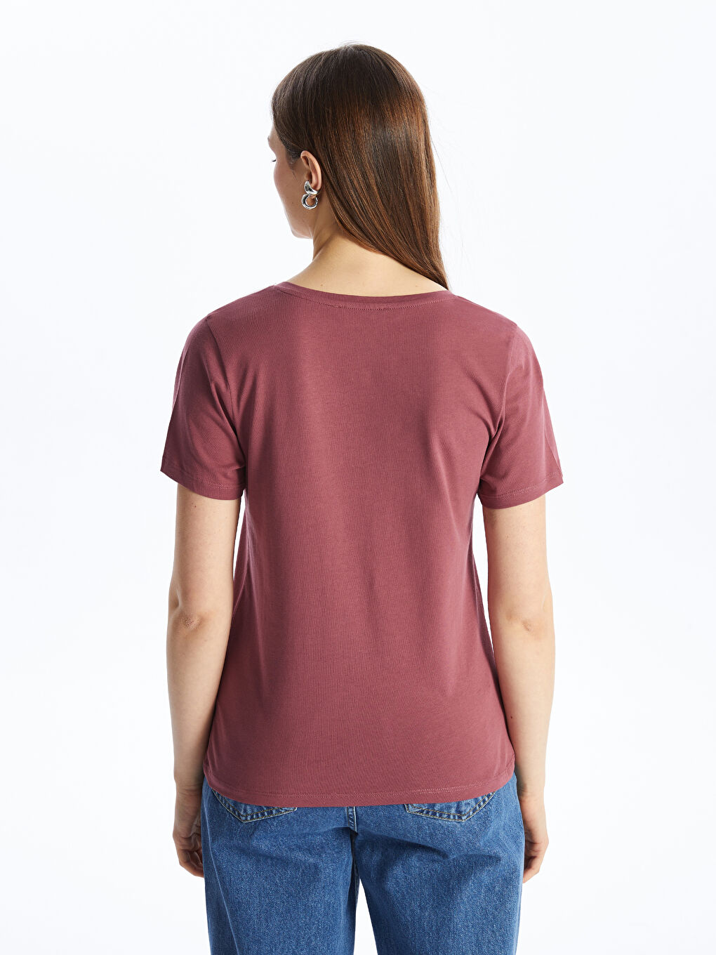 Pembe V Yaka Düz Kısa Kollu Kadın Tişört-4