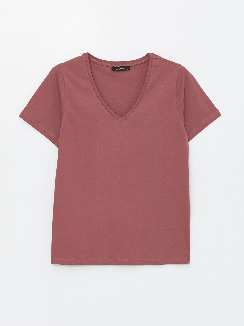 Pembe V Yaka Düz Kısa Kollu Kadın Tişört-5