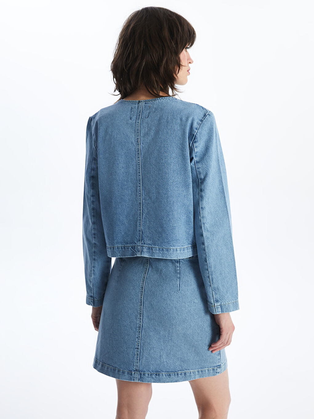LCW Vision Indigo Bisiklet Yaka Düz Uzun Kollu Kadın Jean Ceket - 4