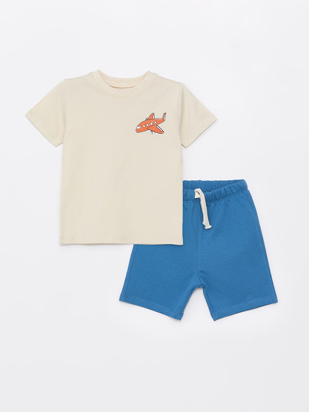 Bej Bisiklet Yaka Kısa Kollu Baskılı Erkek Bebek Tişört ve Şort 2'li Takım