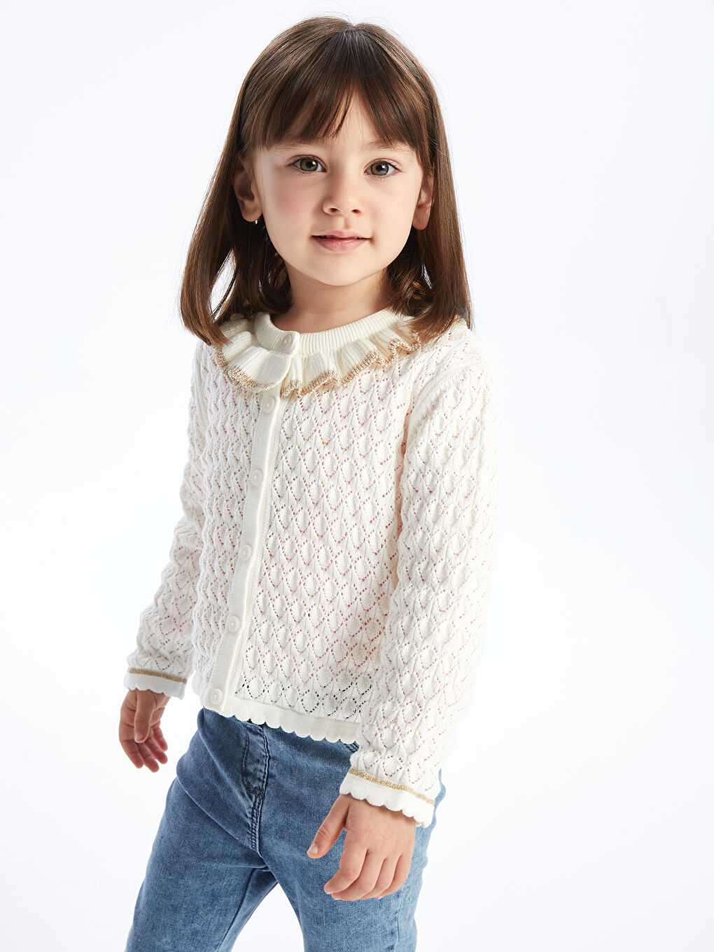 LCW Kids Ekru Bisiklet Yaka Kız Bebek Triko Hırka