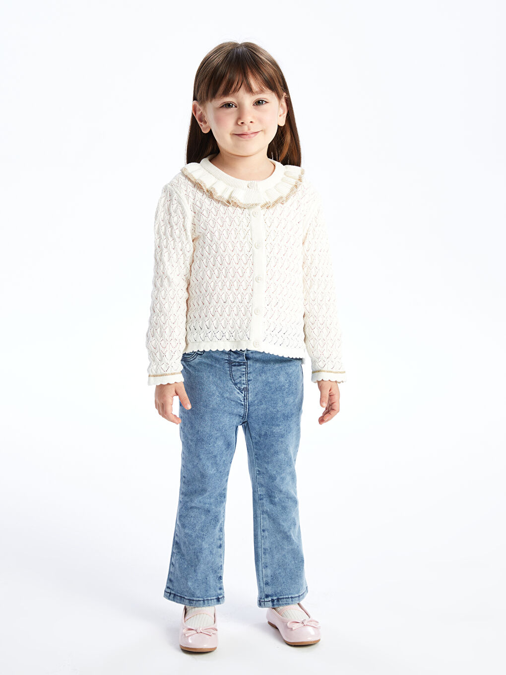 LCW Kids Ekru Bisiklet Yaka Kız Bebek Triko Hırka - 2