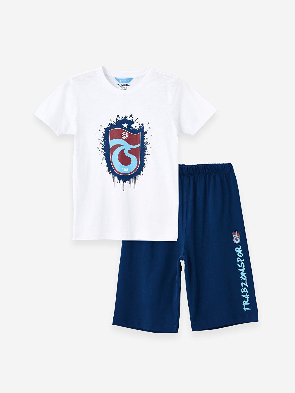 LCW Kids Buxe Beyazı Bisiklet Yaka Trabzonspor Baskılı Kısa Kollu Erkek Çocuk Şortlu Pijama Takımı