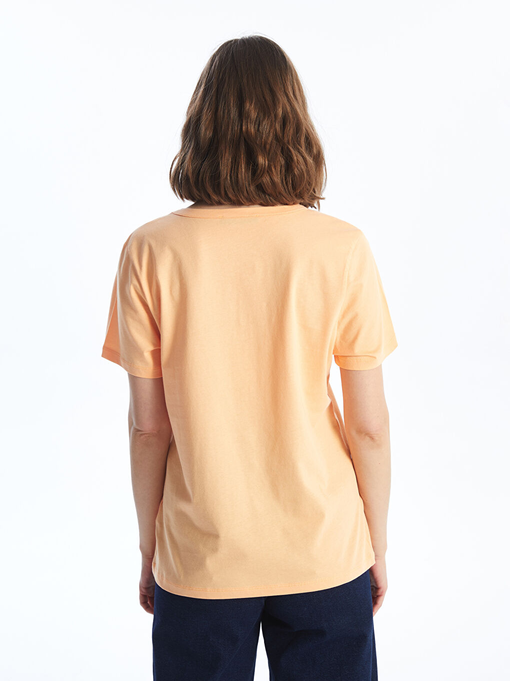 Turuncu V Yaka Düz Kısa Kollu Kadın Tişört-4