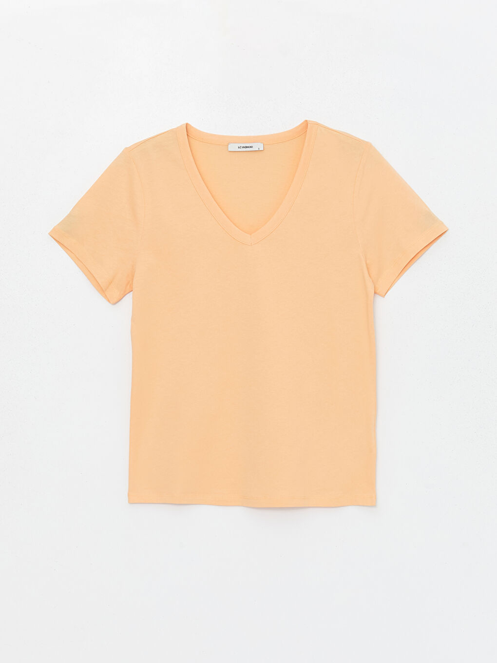 Turuncu V Yaka Düz Kısa Kollu Kadın Tişört-5