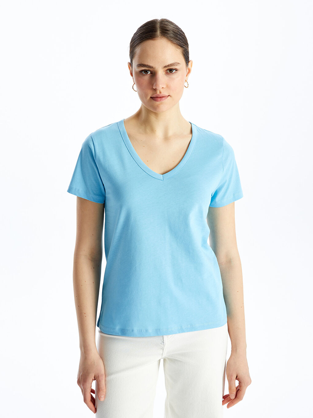 Mavi V Yaka Düz Kısa Kollu Kadın Tişört