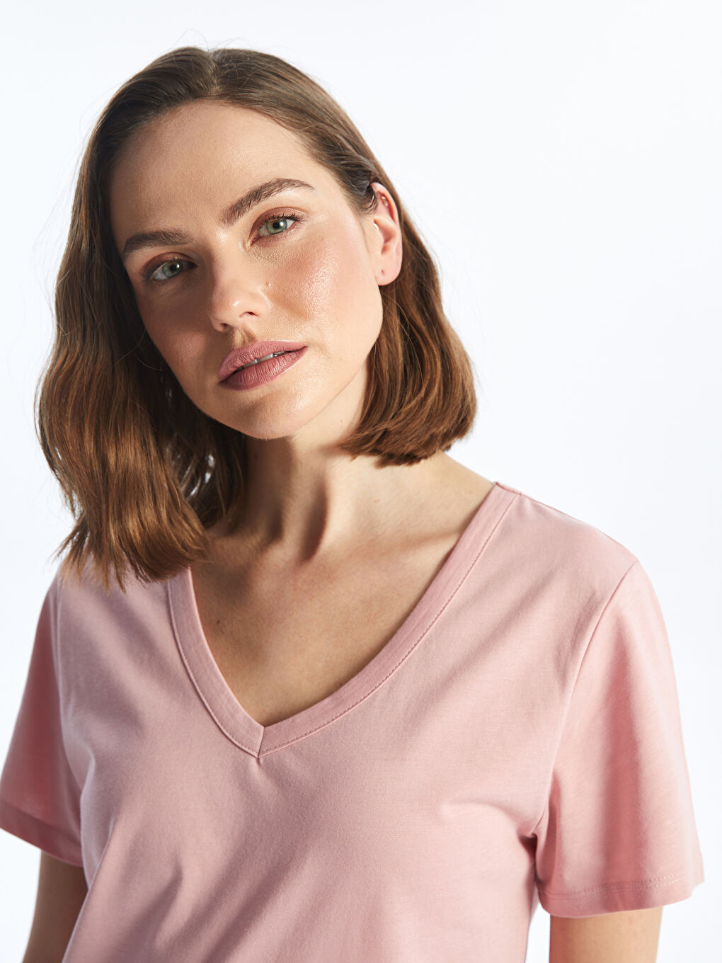 Pembe V Yaka Düz Kısa Kollu Kadın Tişört-2