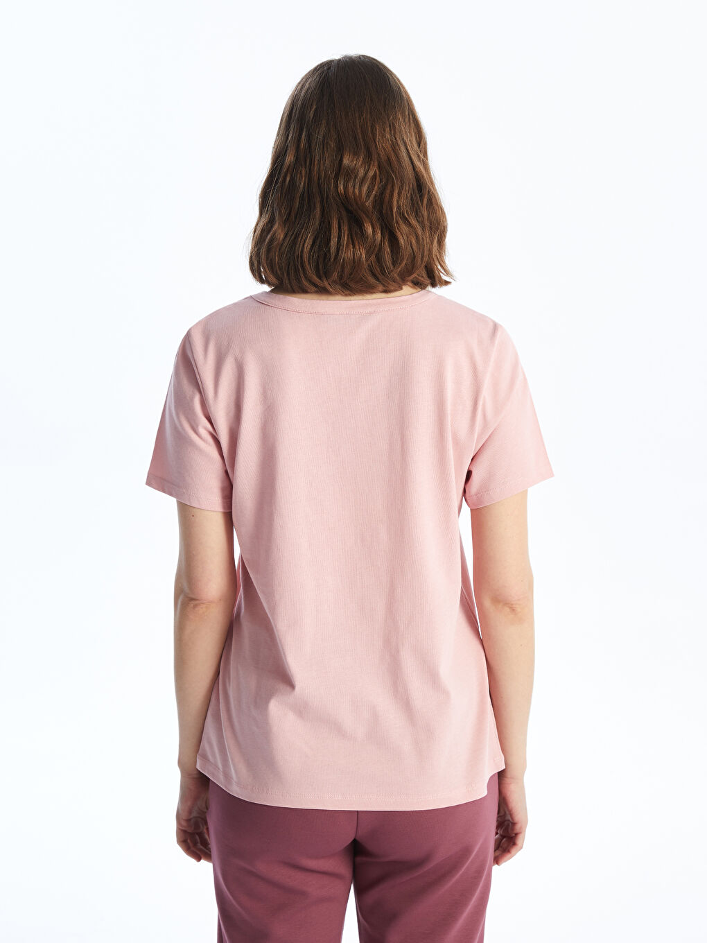 Pembe V Yaka Düz Kısa Kollu Kadın Tişört-4