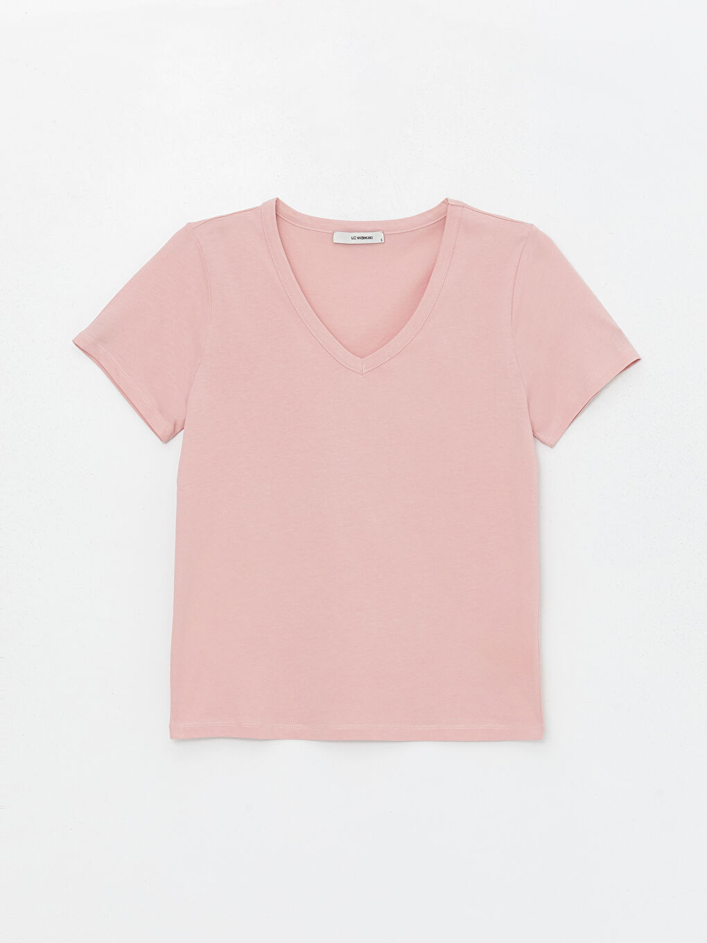 Pembe V Yaka Düz Kısa Kollu Kadın Tişört-5