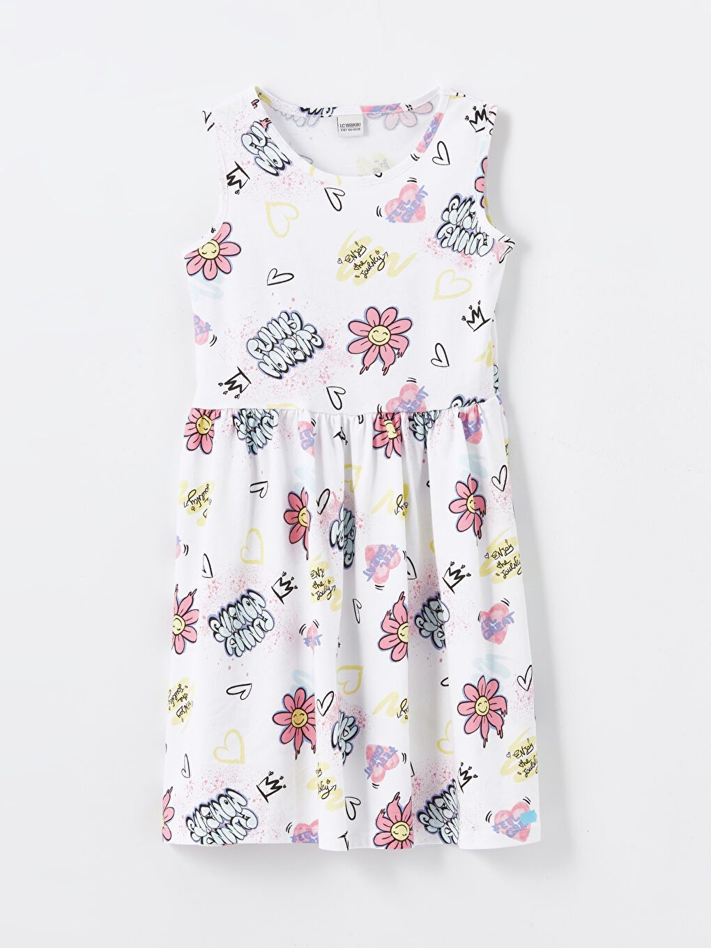 Ekru Bisiklet Yaka Baskılı Kız Çocuk Elbise