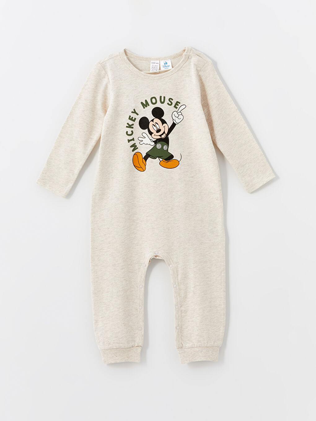 LCW baby Bej Bisiklet Yaka Mickey Mouse Baskılı Uzun Kollu Erkek Bebek Tulum