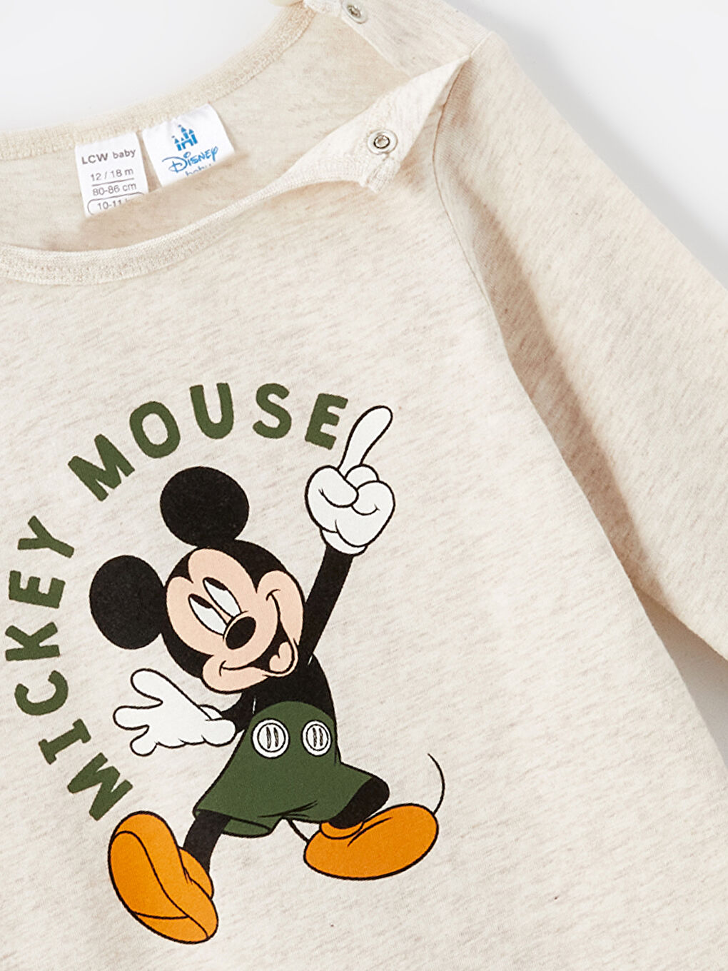LCW baby Bej Bisiklet Yaka Mickey Mouse Baskılı Uzun Kollu Erkek Bebek Tulum - 1