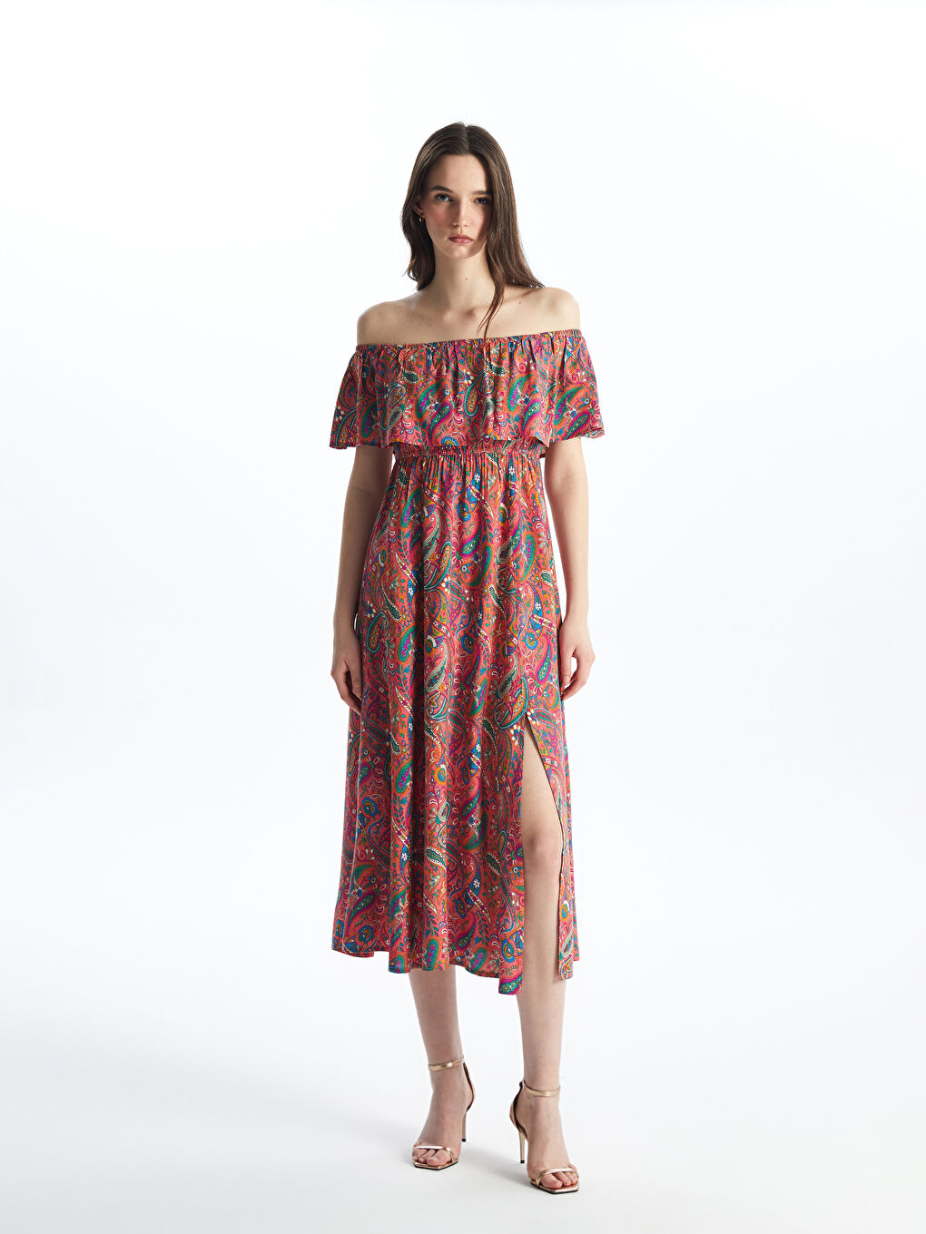 LCW Vision Women's Patterned Short Sleeve Slash Neck Dress -S4JY56Z8-LSR