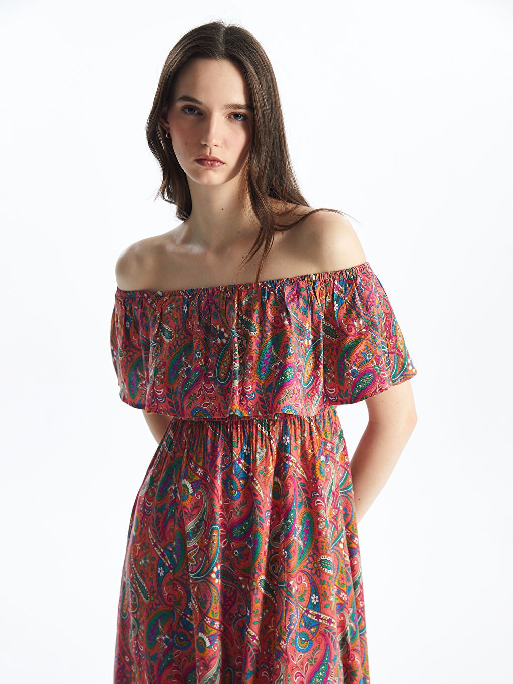 LCW Vision Women's Patterned Short Sleeve Slash Neck Dress -S4JY56Z8-LSR