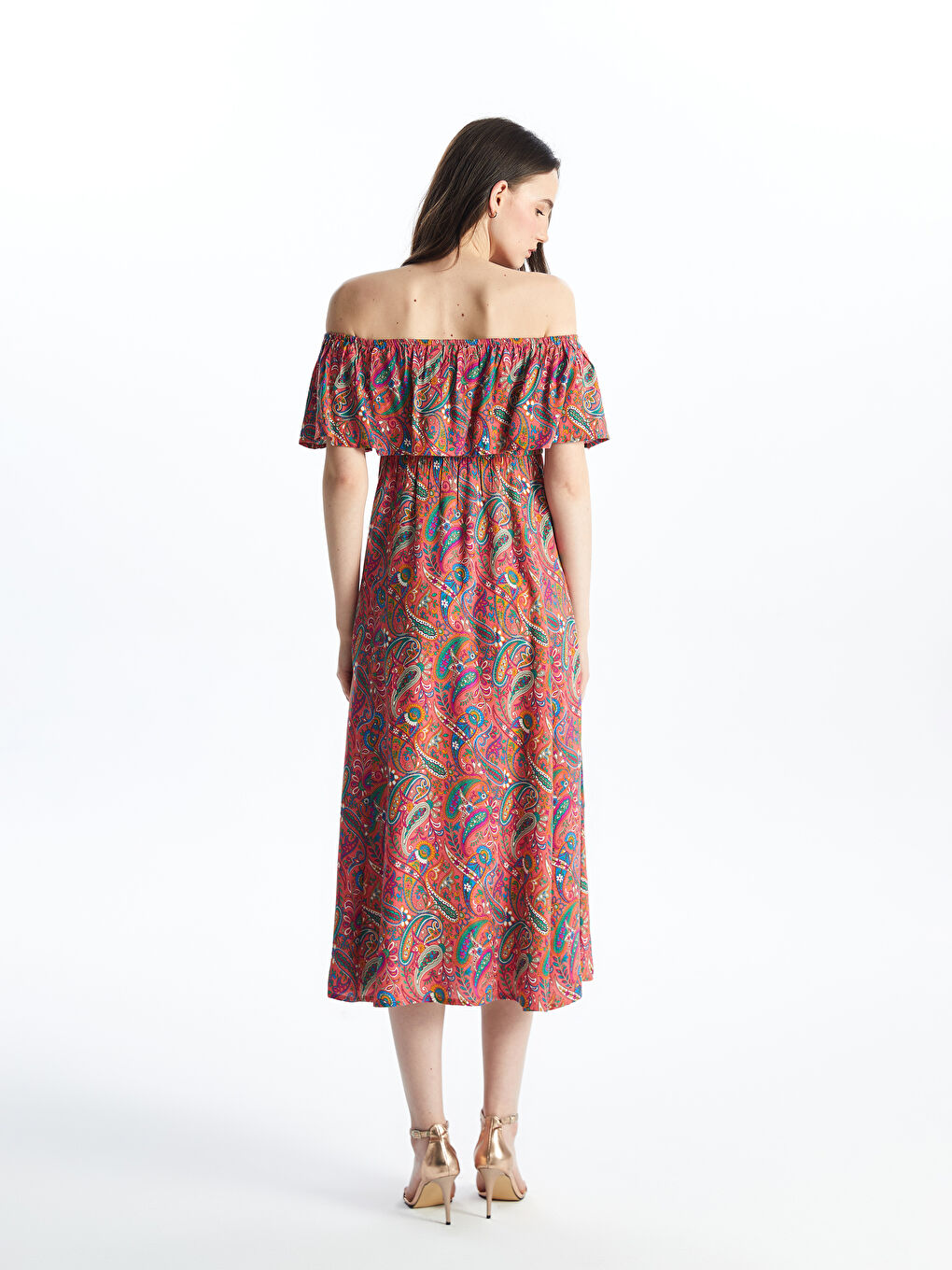 LCW Vision Women's Patterned Short Sleeve Slash Neck Dress -S4JY56Z8-LSR