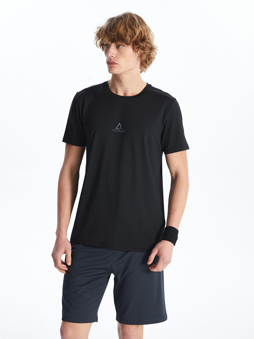 Siyah Bisiklet Yaka Kısa Kollu Erkek Spor Tişört-1